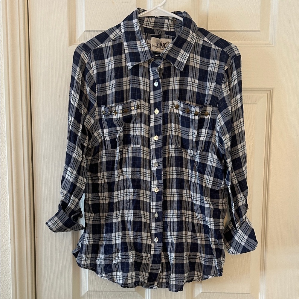 Live a Little Navy, White and Green Plaid Button-Down Collared Shirt